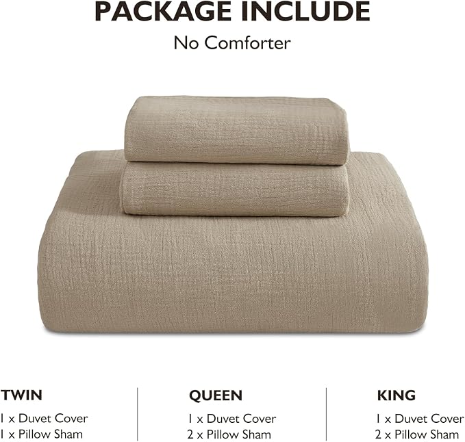 EMME Muslin Cotton Duvet Cover Set Khaki King Size Linen Like Soft Breathable Lightweight Summer Comforter Cover Set with Zipper Closure (Khaki, King, 104"x90")