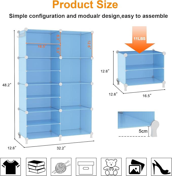 AWTATOS Closet Organizer 8 Cube Storage Shelves, Blue | Closet Storage, Clothes Organizers, Stackable Cubby Shelving, for Closet Bedroom Living Room