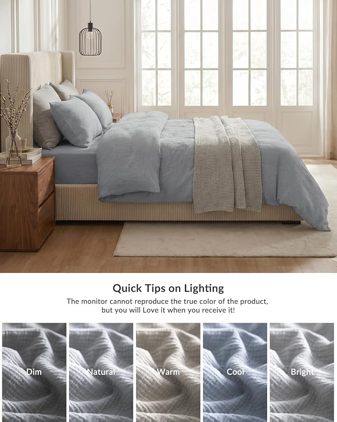 SE SOFTEXLY Muslin Duvet Cover Queen Size, 100% Washed Cotton Duvet Cover Set, Ultra Soft Comforter Cover Linen Like, 3 Pieces Minimalist Gauze Duvet Cover with 2 Pillowcases, 90"x90", Light Grey