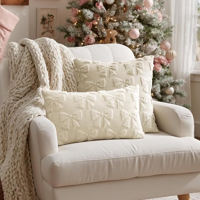 MIULEE Cream White Bow Pillow Covers Coquette Room Decor 20x20 | Aesthetic Decorative Cute Girl,Set of 2 Cushion Covers,Soft Plush Faux Pillowcases,Preppy Room Decor Bedroom Couch