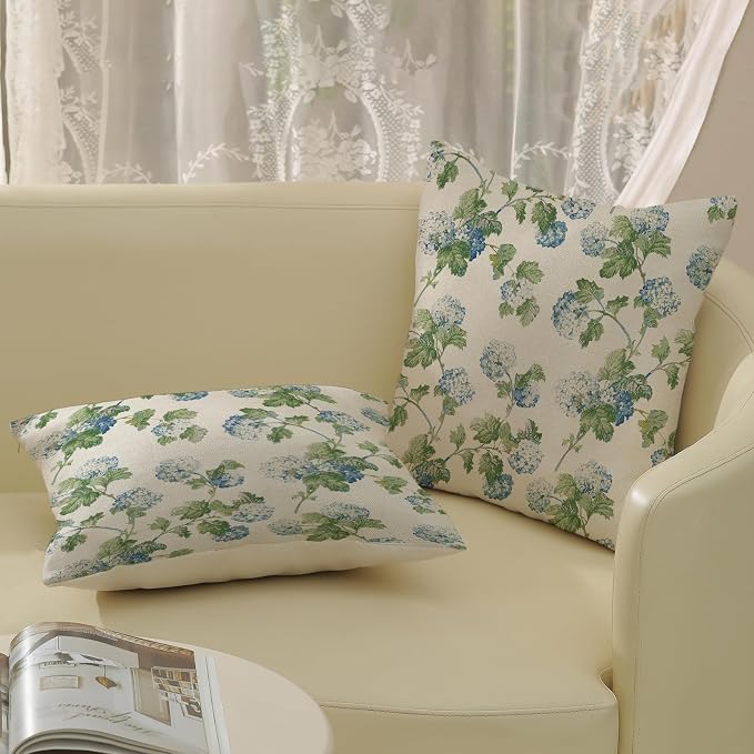 Blue Green Floral Pillow Covers 18x18 Inch 2 Pcs Vintage Flower Decor Throw Pillows Hydrangea Seasonal Spring Summer Outdoor Farmhouse Decoration Pillowcase Linen Cushion Cover for Couch Sofa Bed
