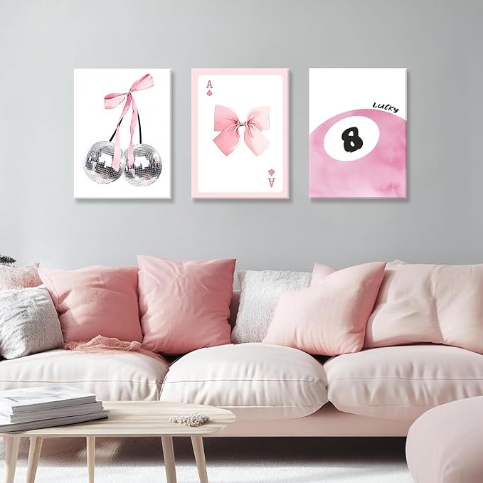 Framed Pink Canvas Wall Decor Set of 3, Pink Bow Wall Art Oil Painting, Girls Preppy Room Decor Picture, Trendy Disco Ball Print Poster for Teen Girl Apartment Bedroom Living Room Aesthetic 12x16 Inch