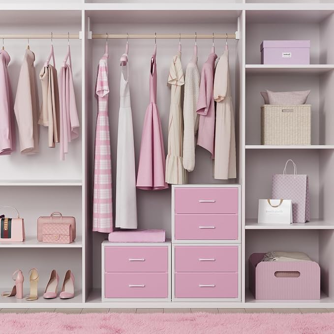 BOLUO Stackable Closet Drawers for Clothes Organizers and Storage Fabric Pink 2 Drawer Dresser for Bedroom 2 Packs Modern Small