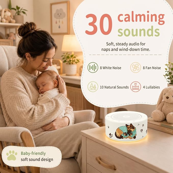 Kipcush White Noise Machine for Baby & Adults, Sleep Sound Machine with 30 Soothing Sounds, 8-Color Night Light, Memory Function, White Noise for Sleeping, Nursery, Office, Travel, Relaxation