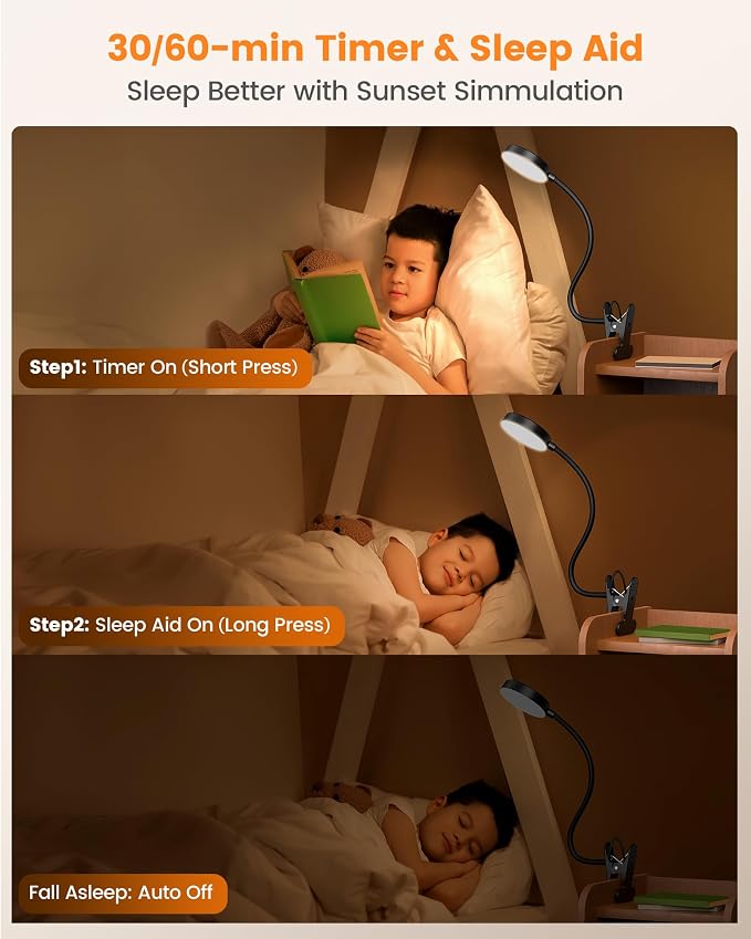 Glocusent 72 LED Clip on Reading Light with Remote, Amber Book Light | 3 Colors & 5 Brightness, 2.75" Clamp & 30Min Timer, USB Powered, Clamp Light for Headboard/Dorm/Bunk/Work/Craft