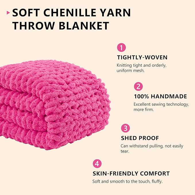L'AGRATY Chunky Knit Throw Blanket for Couch, 50 x 60 Inches, Hot Pink | Handmade Chenille Crochet Blanket for Sofa Bed, Thick Cable Knitted Blankets for Room Home Decor, Birthday Gift for Women Mom