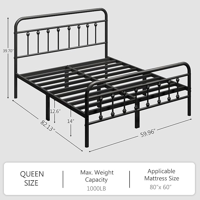 zunatu Queen Size Metal Bed Frame with Victorian Style Headboard and Footboard, Steel Slat Support Platform Bed, No Box Spring Needed, Under Bed Storage, Easy Assembly, Black
