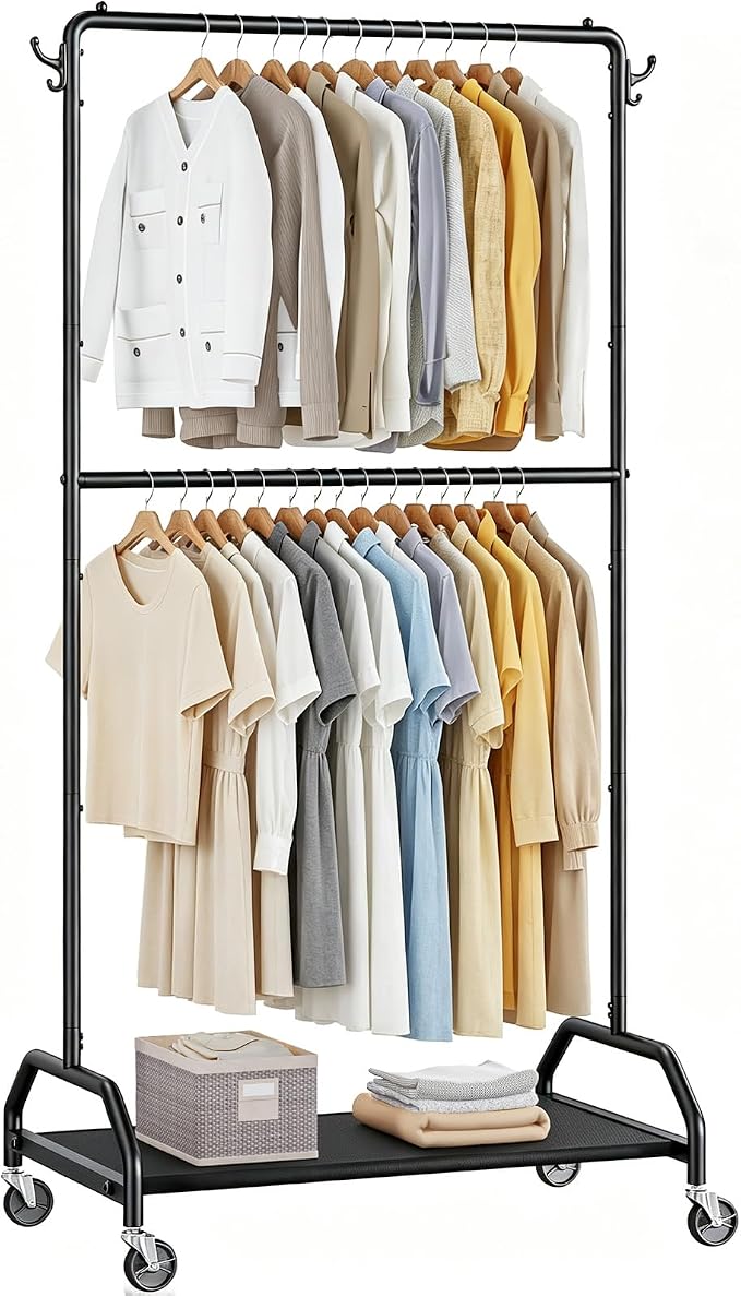 Wiracks Clothes Rack Double Hanging Clothes Rack Clothing Rack Garment Rack 130LBS Capacity 34.5" W X15.8 D X 79" H Rolling Clothes Racks for Hanging Cothes with Bottom Shelf