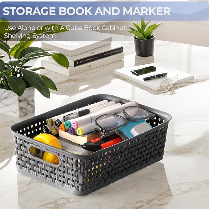6 Pack Plastic Storage Baskets, Small Baskets for Organizing, Plastic Storage Bins Wicker Pantry Organizer Bins Household Toys for Laundry Room, Bedrooms, Kitchens, Cabinets, Countertops | Plastic, Storage Bins, Pantry Organizer Household Toys, for Lau...