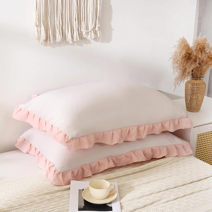Merryword Pink Pillow Shams Beige and Pink Reversible Queen Pillowcases Cute Pillow Cover Set of 2 Soft Shabby Chic Ruffled Pillowcases 2 Pack (Queen (20''x30''), Beige Pink)