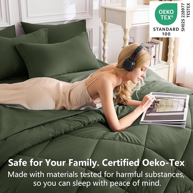 Twin XL Comforter Set Dark Green - 5 Pieces Complete Bedding Set | College Dorm Essentials, OEKO-TEX Certified, All Season, 240GSM Down-Alternative Comforter, Sheets, Pillowcase & Sham