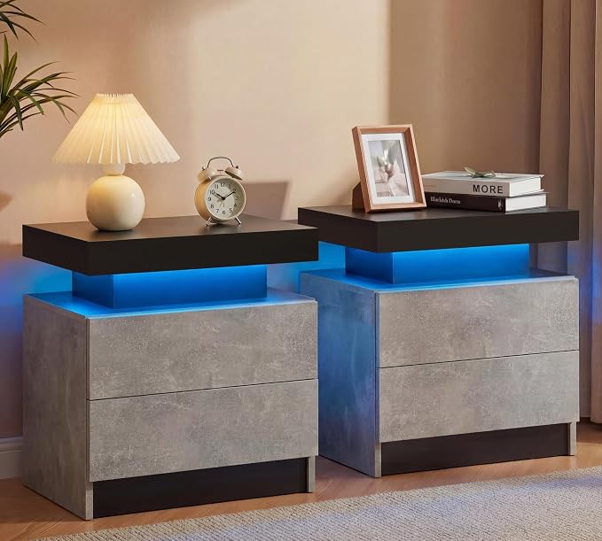 i-aplus Gray Modern LED Nightstand Set of 2 with 2 Wood Drawer for Bedroom | Nightstands with App-Controlled RGB LED Lights, Night Stand with Storgae Drawer, Modern Bedside Table for Bedroom
