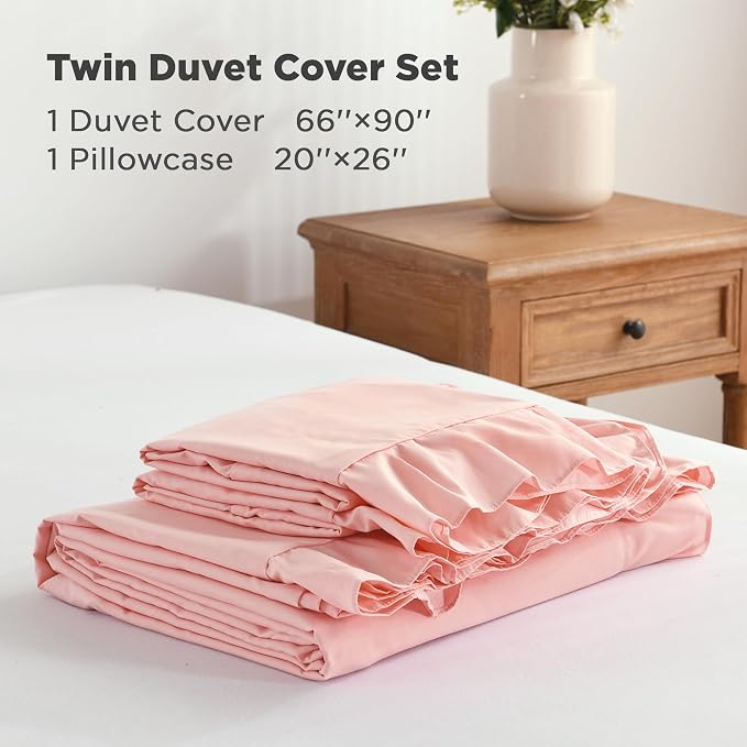 Andency Blush Ruffle Duvet Cover Twin, Shabby Chic Farmhouse Bedding Set | 2 Pieces Soft Washed Polyester Vintage Ruffled Comforter Cover Set with Zipper Closure & Corner Ties, 66x90Inch