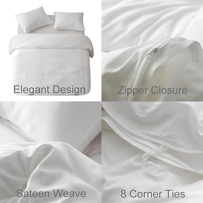 HeimenAogo Egyptian Cotton Duvet Cover Full Size Sateen Weave, Silky Soft and Breathable Bedding Set with Zipper Closure, Long Staple Cotton Bed Linen Pure White 3Pcs (80"×90")