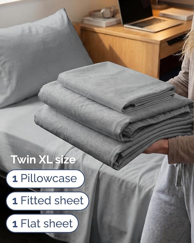 Twin XL 3 Piece Sheet Set - College Dorm Room Essentials - Heathered Grey | Deep Pocket Bed Sheets for Women, Men, Teens & Students, Soft, Cooling, Breathable & Wrinkle Free, Oeko-Tex Bed Sheet Set