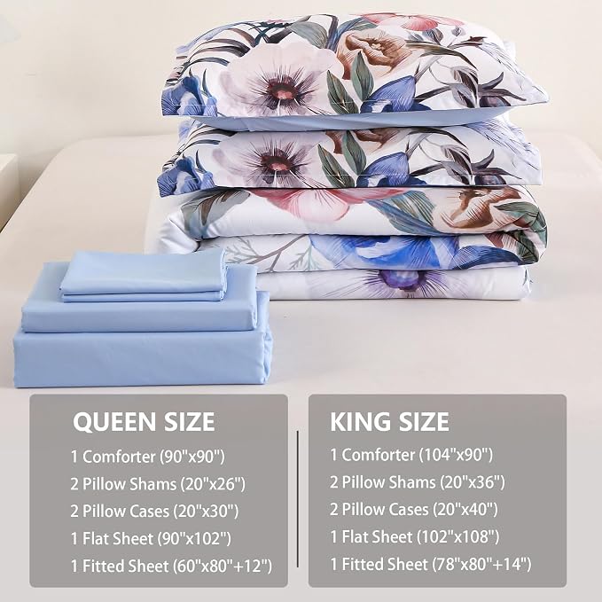 Floral Comforter Set King Size 7 Piece, Blue Flower Bed in a Bag, Elegant Floral Comforter with Sheet Set, Soft Microfiber Bedding Set for All Season (Blue, 104"x90")