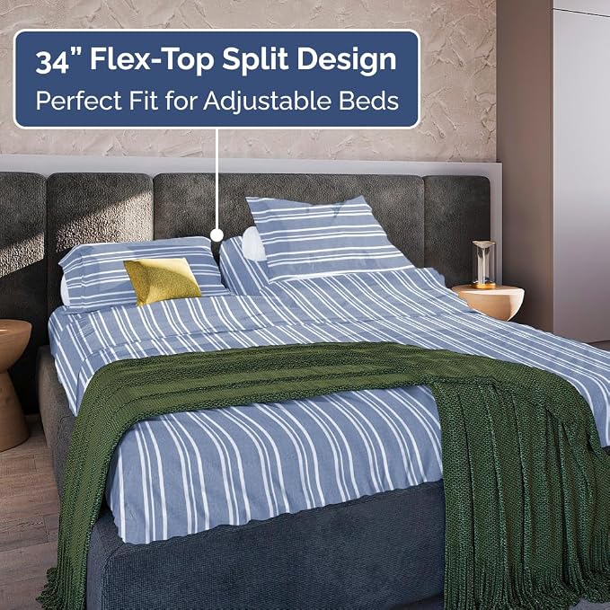 Flex Top Split Head King 4 Piece Sheet Set - Soft & Cooling - Blue Stripes | Cooling Bed Sheets Set, Hotel Luxury Bedding for Women & Men with Deep Pockets, Wrinkle Free & Fade Resistant, Oeko-Tex