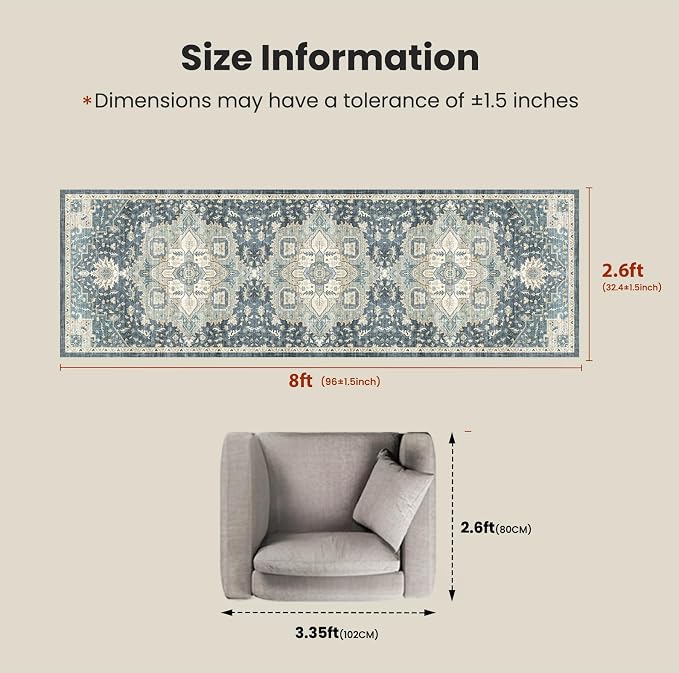 AMADA HOMEFURNISHING 2'6"x8' Washable Area Rug, Low-Profile Entryway Rug with Non-Slip Backing & Durable Edge Binding, Vintage Rug Pattern, Small Rugs for Entryway, Kitchen & Living Room
