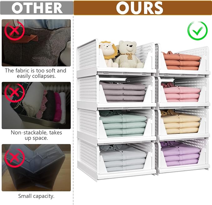 8 Pack Closet Organizers and Storage, Stackable & Foldable Closet Bins | Closet Storage Basket for Bathroom, Kitchen, Laundry Room, Drawer Shelf & Wardrobe Storage, Space-Saving Design, White