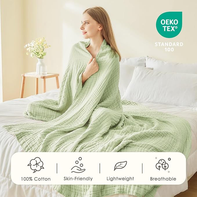 EMME Muslin Blankets for Adults Throw Blanket for Couch Breathable Gauze Soft Lightweight Airy Mint Green Queen 90" x 90"
