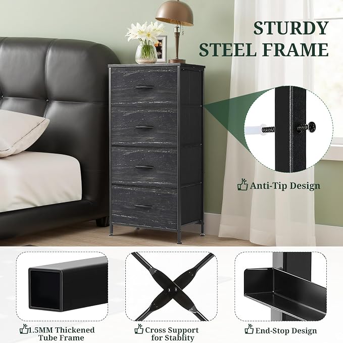 4 Drawers Dresser for Bedroom Fabric Storage Tower with Wooden Top | Steel Frame Tall Chest of Drawers for Closet, Entryway, Dorm, Charcoal Black