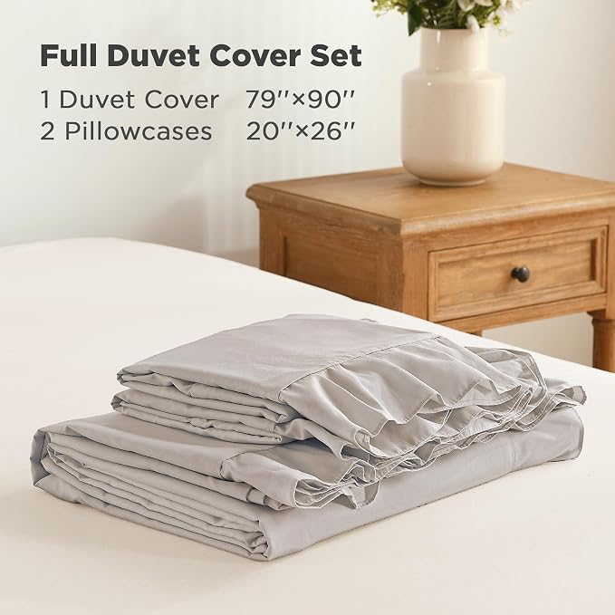 Andency Linen Ruffle Duvet Cover Full, Shabby Chic Farmhouse Bedding Set | 3 Pieces Soft Washed Polyester Vintage Ruffled Comforter Cover Set with Zipper Closure & Corner Ties, 79x90Inch