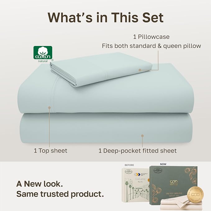 California Design Den 600 Thread Count Twin Size Sheet Set, 3 Pcs, Seafoam | 100% Cotton Sateen Backed by Good Housekeeping Seal, Soft & Smooth, All-Around Elastic, Durable, Easy Care