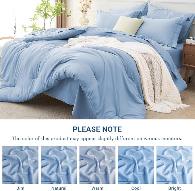 5 Pieces Twin Comforter Set, Soft Bed in a Bag Twin Size, All Season Bedding Set with Comforter, Flat Sheet, Fitted Sheet, Pillowcases & Shams, Greyish Blue