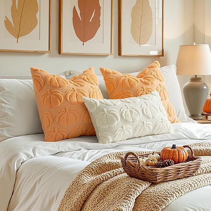 MIULEE Fall Pillow Covers Pumpkin Fall Decor Lumbar 12x20 Cream White | Set of 2 Fall Decorations for Home, Plush Faux Fur Farmhouse Accent Pillowcases, Porch Sofa Couch Cushion Bed Livingroom