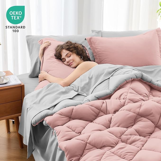7 Pieces Full Comforter Set, Reversible Bed in a Bag Full Size, All Season Bedding Set with Comforter, Flat Sheet, Fitted Sheet, Pillowcases & Shams, Pink & Light Grey