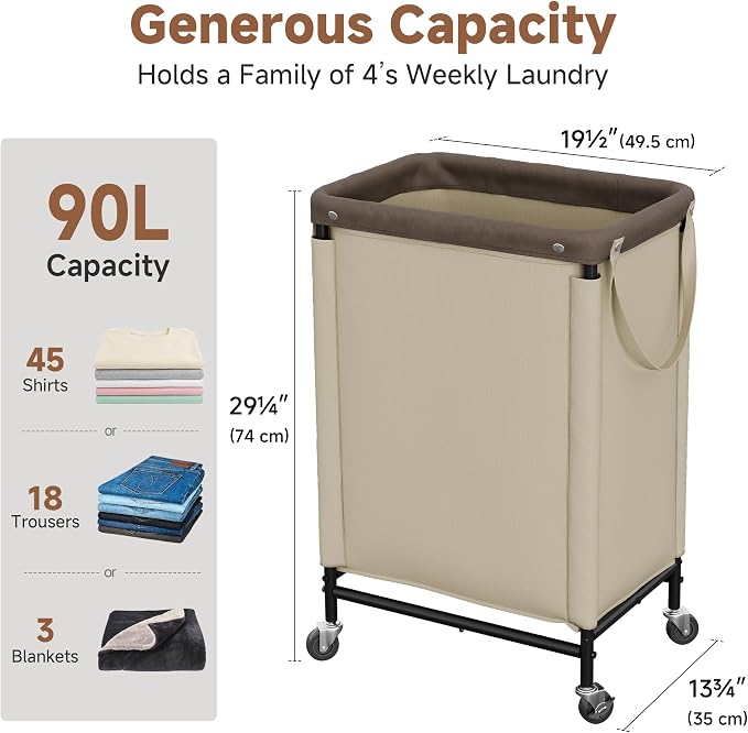 StorageWorks Laundry Hamper with Wheels and Removable Liner Bag | 90L Laundry Basket with Handles, Light Kahki Rolling Cart for Bedroom, Bathroom, Apartment