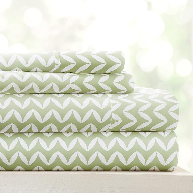 Linen Market Double-Brushed Patterned Microfiber Full Sheet Set 4 Piece – Oeko-TEX Certified Ultra Soft & Wrinkle-Free - 16" Deep Pocket Sheets - Easy Care Full Size - Puffed Chevron Sage