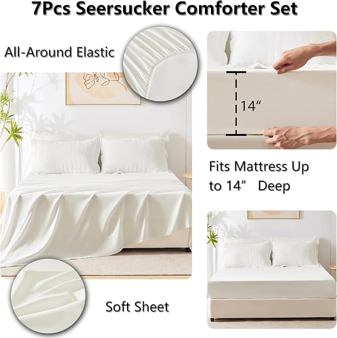 Queen Comforter Set, 7 Pieces Ivory Seersucker Bed in a Bag | OEKO-TEX Certified, All Season Bedding Set with 240 GSM Down Alternative Comforter, Flat & Fitted Sheets, Pillowcases & Shams