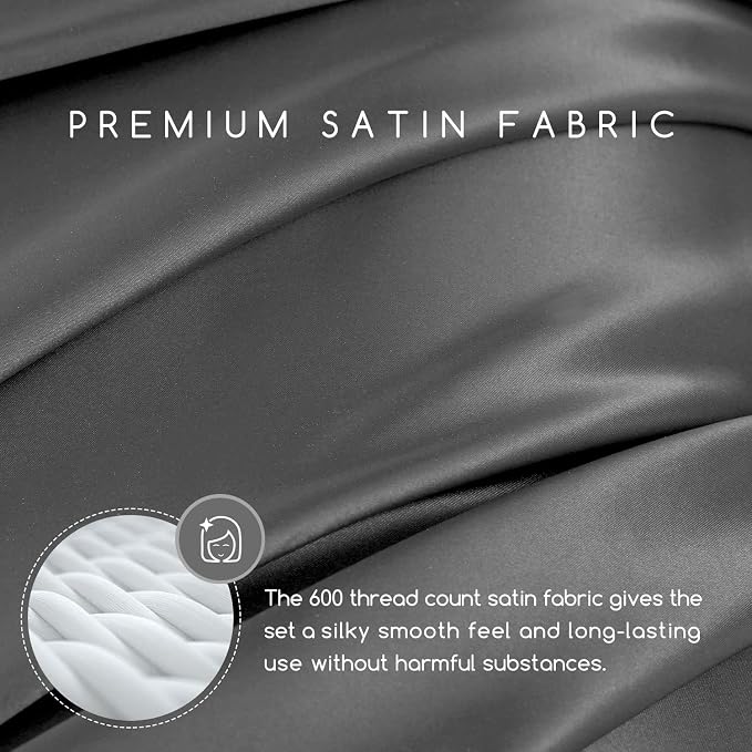 MR&HM Satin Sheets Queen Size with Elastic Corner Straps, Dark Grey | Similar to Silk, 6-Piece Silky Soft Bed Sheet Set, Gentle on Skin and Hair, 15" Deep Pocket, Cooling & Breathable