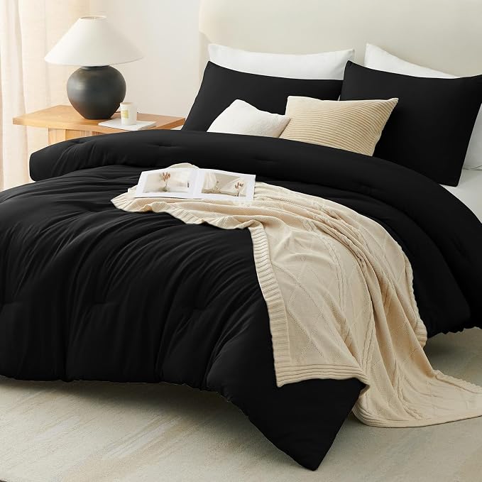 Twin/Twin XL Comforter Set, 2-Piece Down Alternative Bedding, Black | 270 GSM Twin XL Comforter for College Dorms, 4 Corner Ties for Duvet Insert Use, OEKO-TEX Certified, 1 Pillowcase, 68 x 88 in