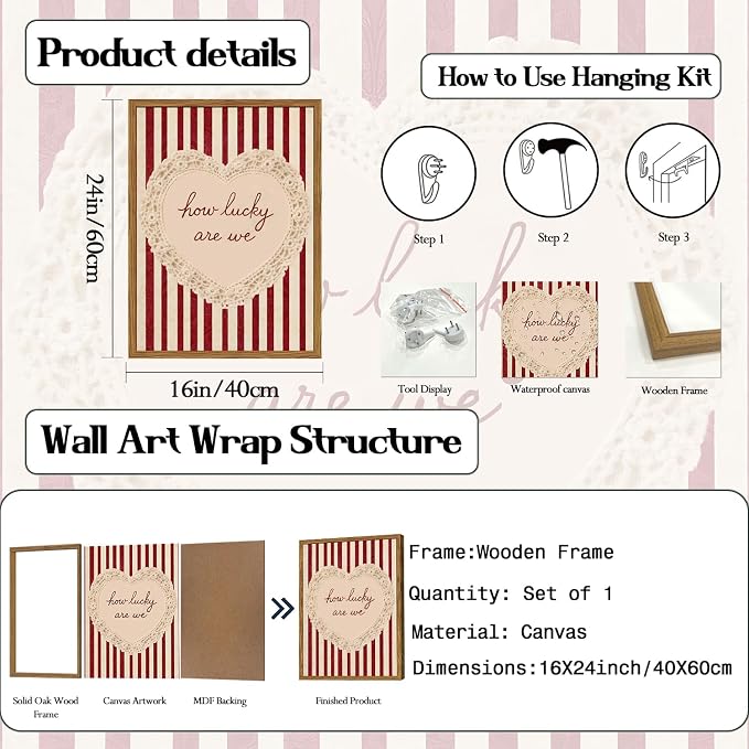Framed How Lucky Are We Wall Art, Vintage Red Striped Pictures Wall Decor, Romantic Lace Heart Quote Paintings Canvas Prints Coquette Home Decor for Living Room Bedroom Bathroom 16x24 inch
