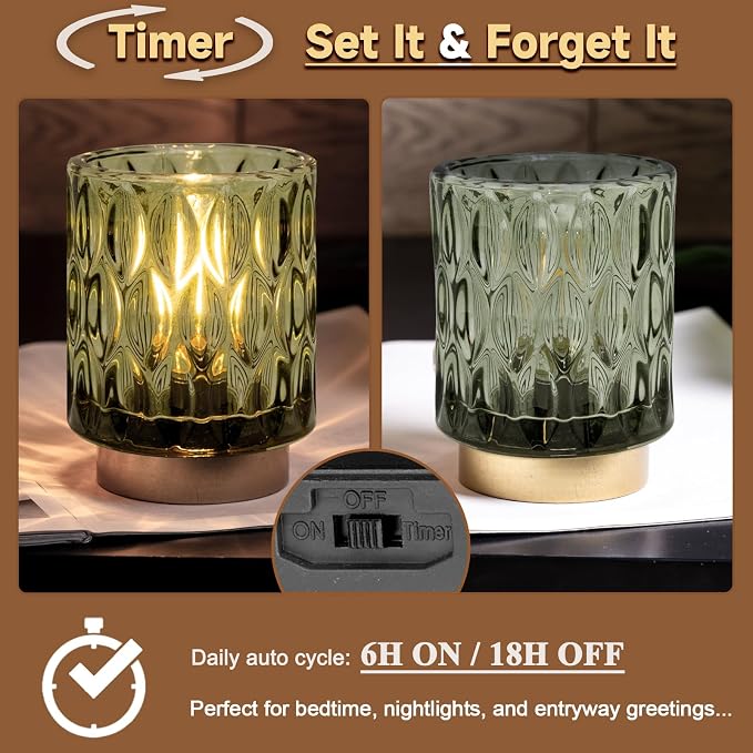 Battery Operated Table Lamp Timer, Small Cordless Lamps Decorative, 2 Green | Mini Crystal Lamp for Area No Plug, LED Battery Powered Lamps Wireless, Glass Accent Light for Bathroom Fireplace Shelf Decor
