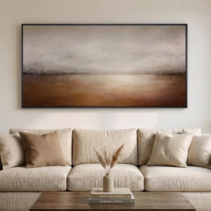 Large Framed Brown Abstract Landscape Wall Art for Living Room, 60x30 In | Neutral pictures, Horizontal canvas prints, Wood frame, Earth tone artwork, Modern wall decor for bedroom dining room office