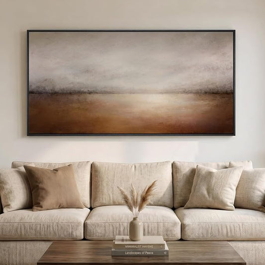 Large Framed Brown Abstract Landscape Wall Art for Living Room, 60x30 In | Neutral pictures, Horizontal canvas prints, Wood frame, Earth tone artwork, Modern wall decor for bedroom dining room office