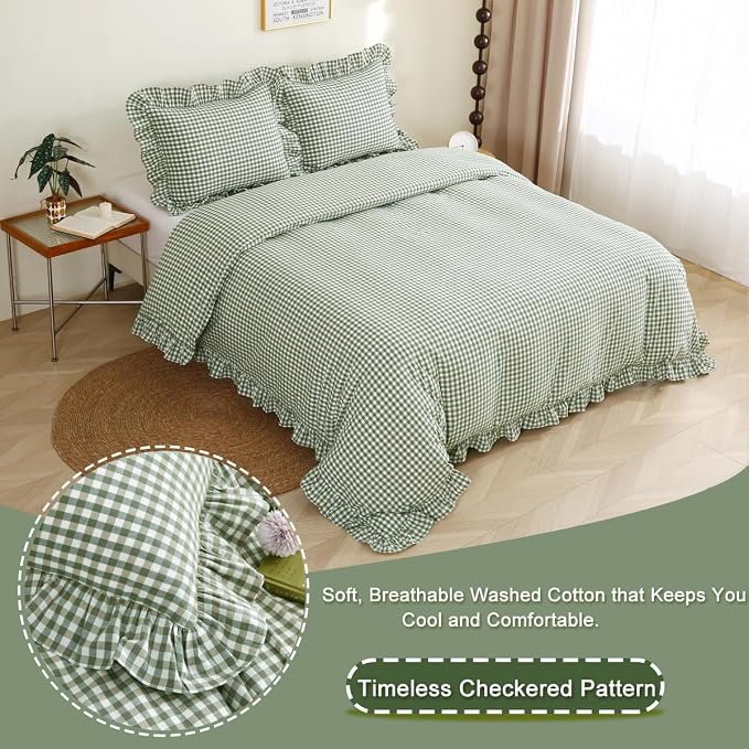 Silnuo Sage Green/White Gingham Plaid Ruffle Duvet Cover King Size | 100% Washed Cotton 3 Pcs Vintage Checkered Chic Farmhouse Bedding Set Comforter Cover Set (King,Sage Green/White)