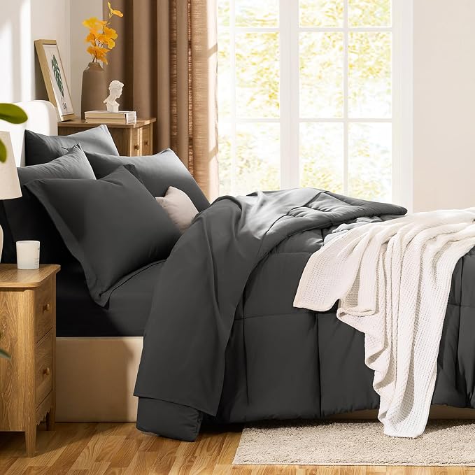 Queen Comforter Set, 7-Piece Bed in a Bag, Dark Grey | OEKO-TEX Certified, Box-Stitched Design, 240 GSM Down Alternative Fill, All-Season Comfort, Sheets, Pillowcases & Shams