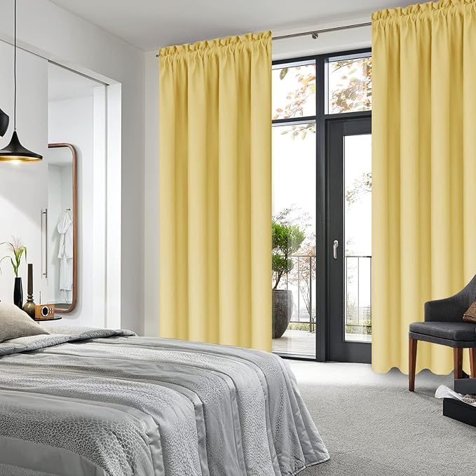 DWCN Blackout Curtains for Bedroom Living Room 42 x 45 Inch Long 2 Panels | Room Darkening, Thermal Insulated, Light Blocking, Rod Pocket Drapes, Noise Reducing Window Treatments, Light Yellow