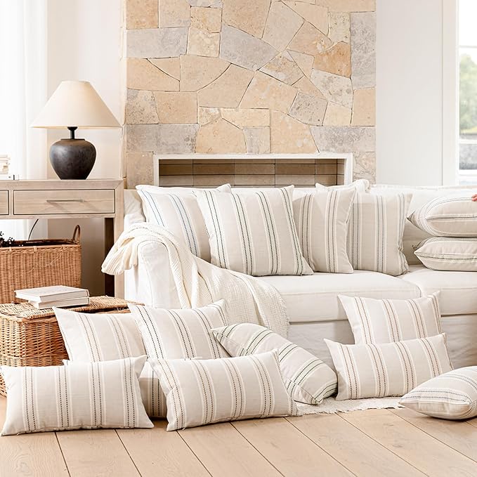 Hckot Terracotta Throw Pillow Covers 24x24 Set of 2 Striped Pillow Covers | Farmhouse Decorative Pillows Textured Linen Square Cushion Covers for Sofa Couch Bed Living Room Decor(Camel)