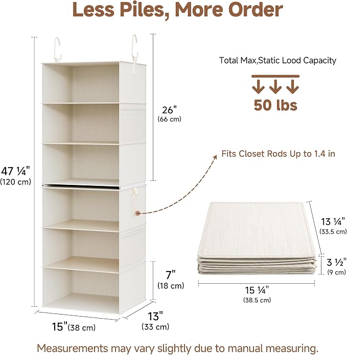StorageWorks Hanging Closet Organizer, 6-Shelf with 2-in-1 Design, Ivory | Maximize Closet Space with Reinforced Shelves, Small Closet Storage Solution for Bedrooms, Dorms and RVs, Jumbo