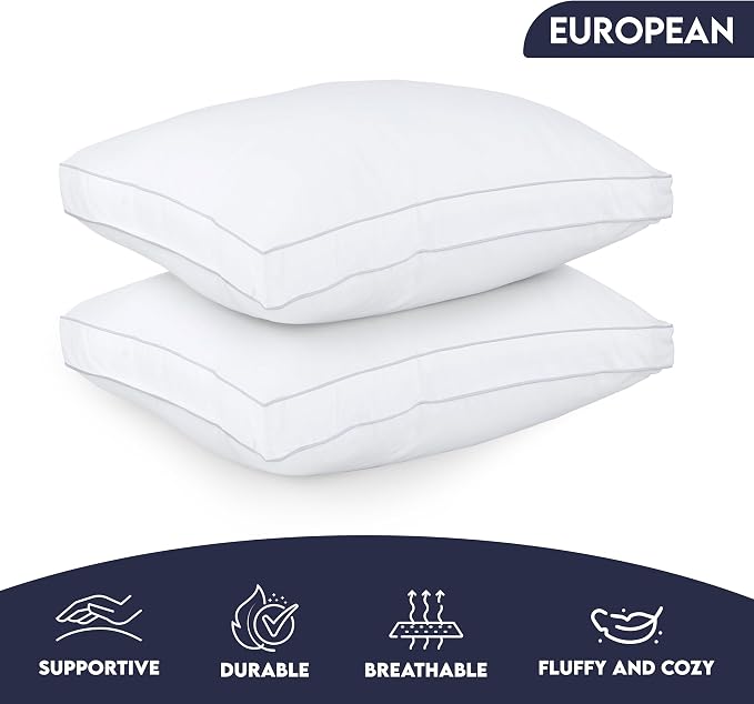 Utopia Bedding Gusset Bed Pillow, Hotel Pillows European Size Set of 2 | Cotton Blended Down alternative pillows for sleeping, soft fluffy cooling comfort for Back, side & stomach sleepers, 2 pack