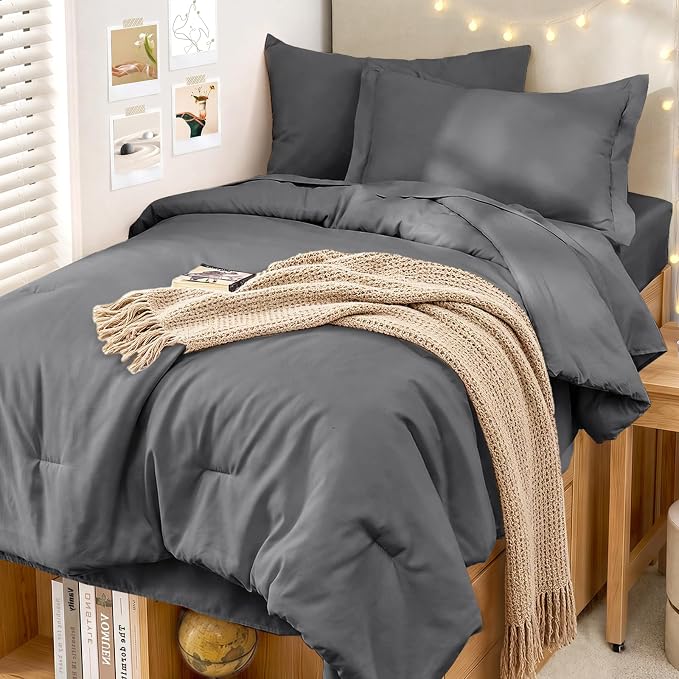 5 Pieces Twin XL Comforter Set, Soft Bed in a Bag Twin XL Size, All Season Bedding Set with Comforter, Flat Sheet, Fitted Sheet, Pillowcases & Shams, Dark Grey