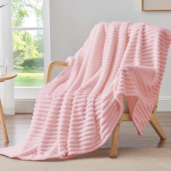 BEDELITE Throw Blanket for Couch - 300GSM Soft & Warm Fluffy Pink Blanket, Decorative and Giftable Striped Blankets for Women, Men, 50"x70" | Ultra-Soft Plush Fleece, Warm Yet Lightweight, Ribbed Texture, Home Decor, Machine Washable, Giftable, All-Sea...