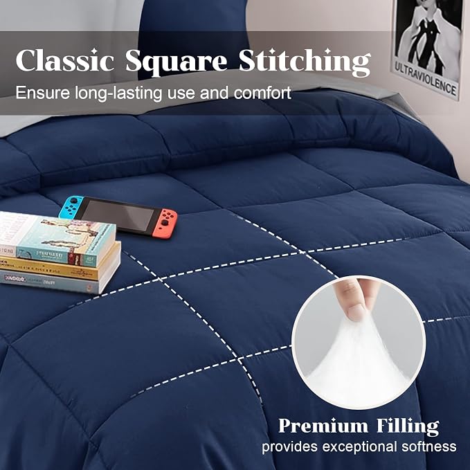 JOLLYVOGUE Twin XL Comforter Set, Ultra-Soft Bed in a Bag Twin XL Size 5 Pieces, Oeko-TEX Certified Bedding Set with Down Alternative Comforter, Sheets, Pillowcases & Shams, Navy Blue & Light Grey