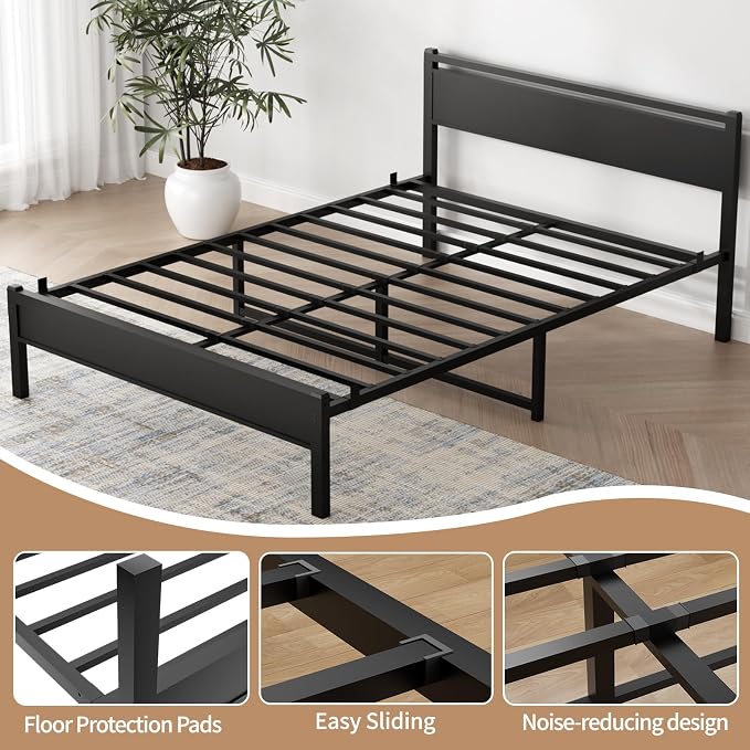 Easy Install 16 Inch Full Size Bed Frame with Headboard&Footboard | Large Under Bed Storage, No Box Spring Needed, Non-Slip Without Noise, Sturdy Steel Frame, Mattress Foundation, Black