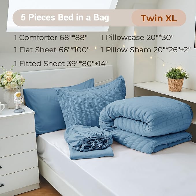 5 Pieces Twin XL Comforter Set, Seersucker Bed in a Bag Twin XL Size, All Season Luxury Bedding Set with Comforter, Flat Sheet, Fitted Sheet, Pillowcase & Sham, Mineral Blue